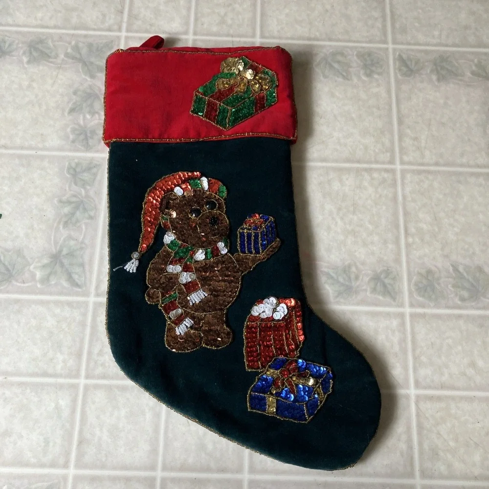 Vintage‎ Christmas Teddy Bear with Presents Velvet Sequin Stocking Maximallist